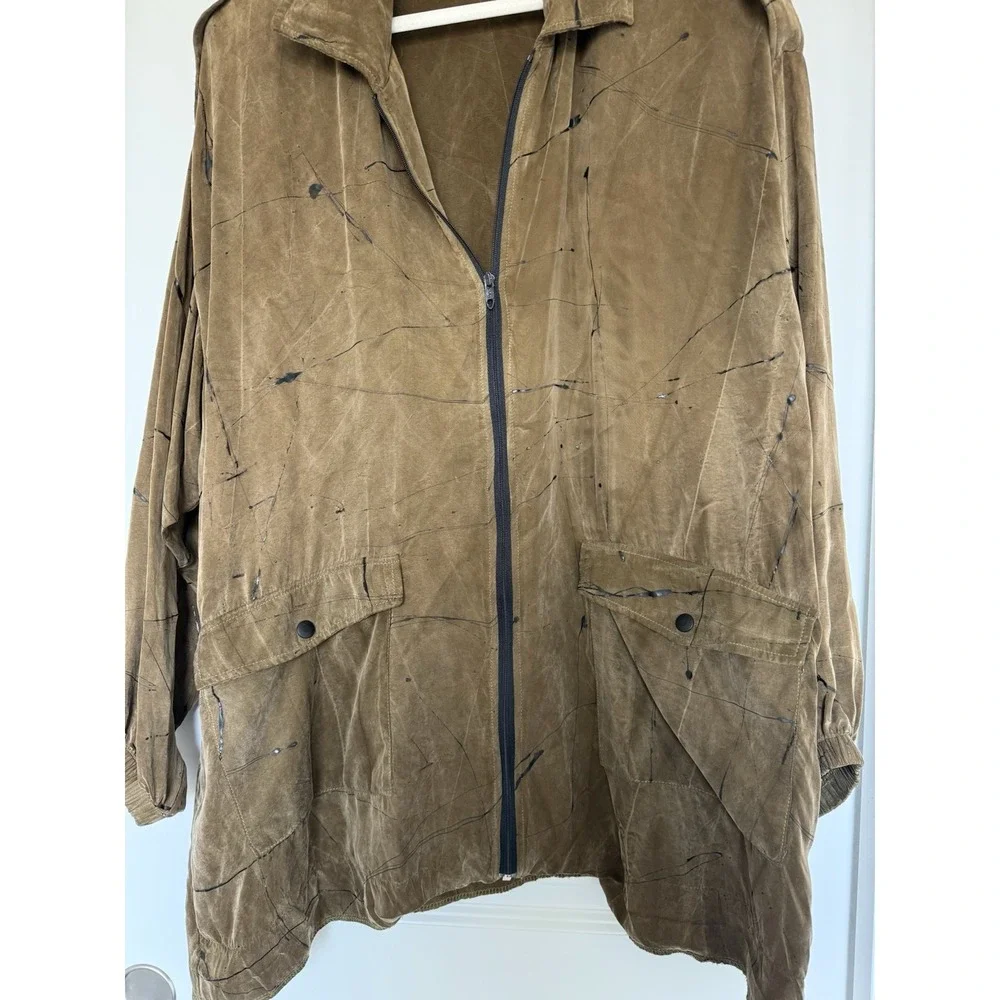 DEWEY DESIGN Vintage Art Print Rayon Light Jacket 1980s Art To Wear SZ L‎ Khaki